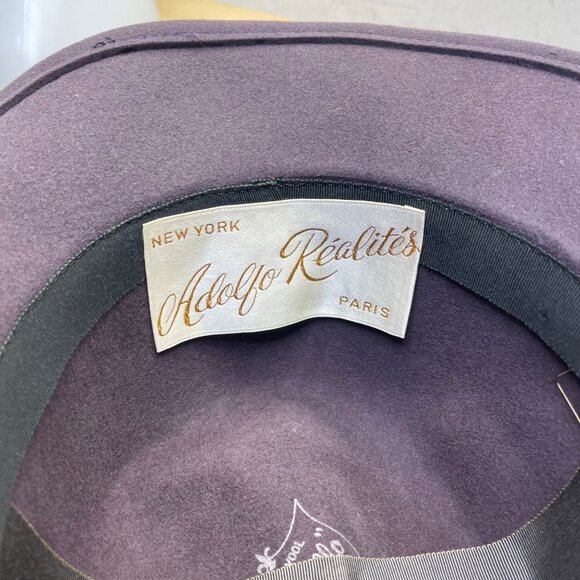 Adolfo Realites Purple Wool Fedora Hat With Beige Ribbon Bow Feather Accent - Picture 10 of 12